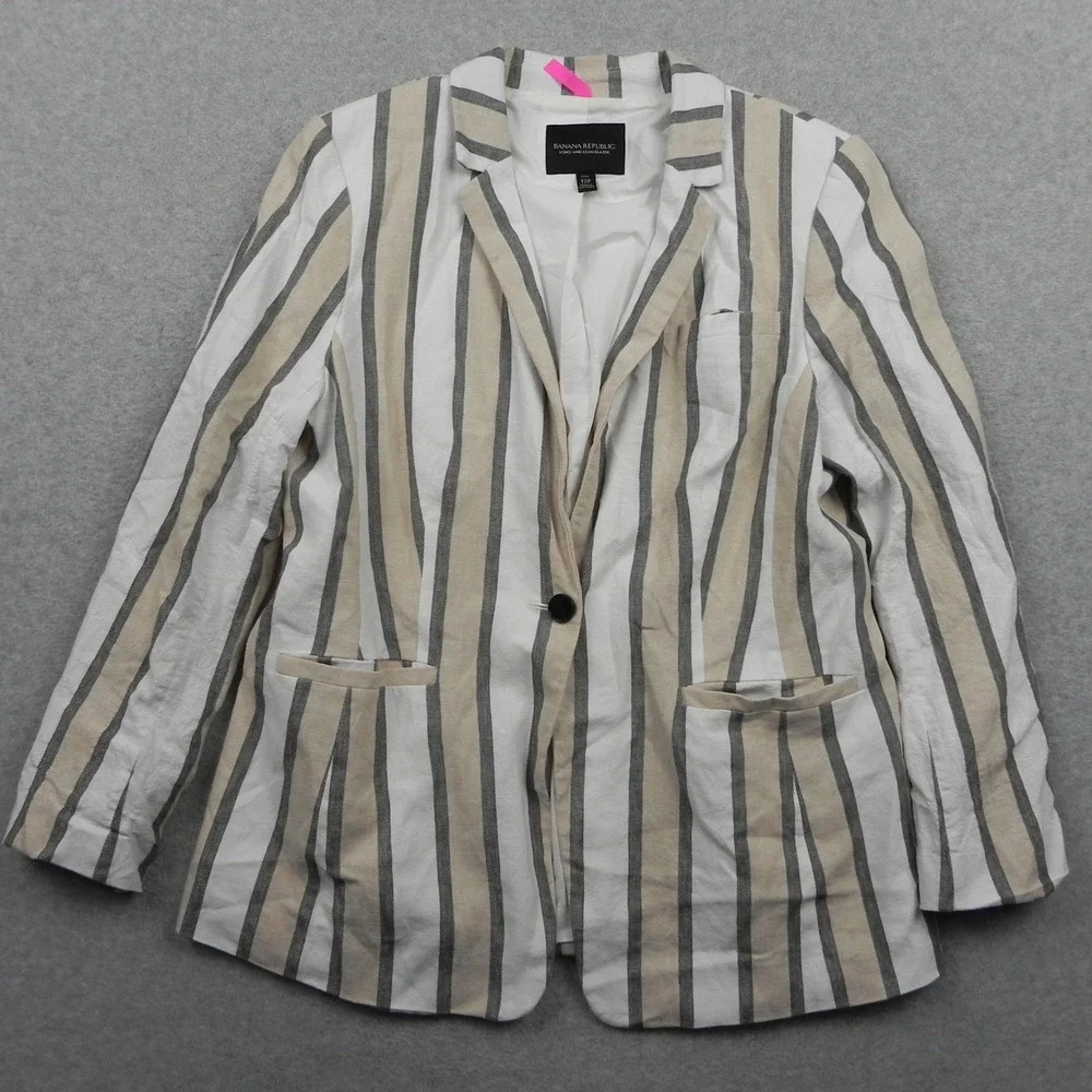 Banana Republic Blazer Womens 12P Petite Long And Lean Linen Blend Suit Jacket